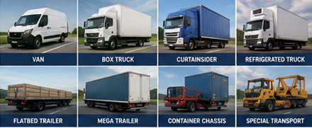 Fahrzeuge im Gütertransport, darunter Transporter, Lkw, Auflieger und Logistikflotten in Europa