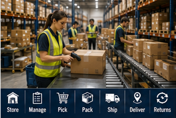 Lagermitarbeitende bearbeiten Fulfillment-Prozesse und Online-Bestellungen