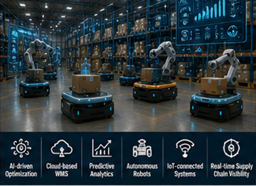 Zukunftiges Warehouse Management System mit KI-Robotik und digitaler Logistiktechnologie