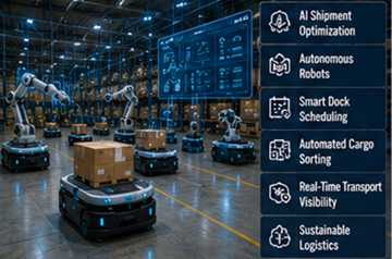 Zukünftige automatisierte Cross-Docking-Anlage mit Robotik, AI und smarter Logistiktechnologie