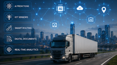 Zukunftstechnologie in der Logistik mit KI-Sendungsverfolgung, intelligenten Transportsystemen und digitaler Supply-Chain-Transparenz