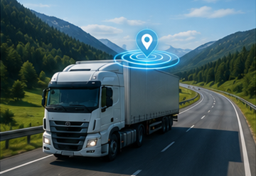 Lkw mit GPS-Tracking-System auf einer europäischen Autobahn während eines Logistikeinsatzes