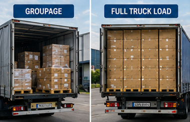 Vergleich zwischen Stückgutversand und Komplettladung (FTL) mit Logistik-Lkw und Palettenfracht