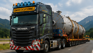 Schwerlast-Sattelzugmaschine zieht Schwertransportauflieger auf der Autobahn