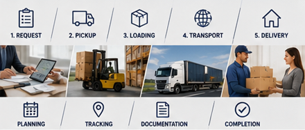 Gütertransportprozess von der Abholung bis zur Zustellung mit Logistikabläufen und Umschlag