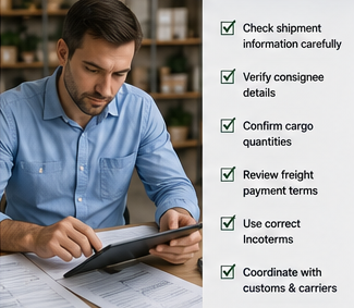 Logistikfachleute prüfen Bill-of-Lading-Dokumente vor einer internationalen Sendung