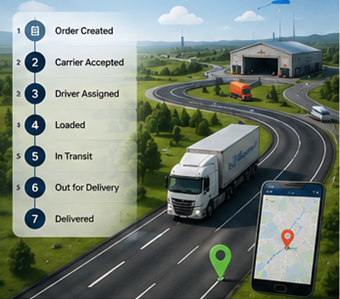 Digitaler Logistikprozess mit Sendungsverfolgung, GPS-Routen und Transportstatus-Updates