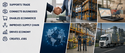 Europäische Güterlogistik-Lieferkette mit Lagerhäusern, Lkw und Distributionsprozessen