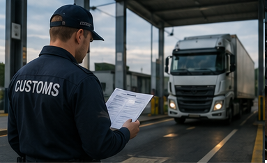 Logistik- und Zollbeamte prüfen Versicherungs- und Transportdokumente während eines Gütertransports