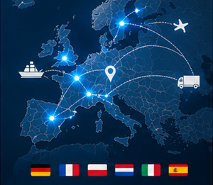Tracking internationaler Transporte über europäische Länder mit Logistikrouten und Zollabwicklung