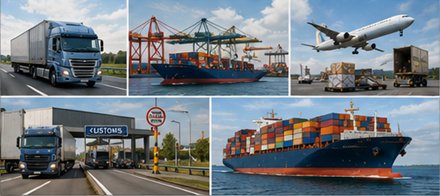 Internationaler Gütertransport mit Lkw an Grenzübergängen, Frachtschiffen, Zoll und globalen Logistikabläufen