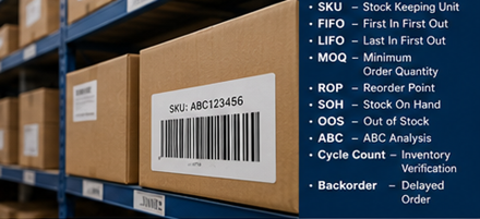 Bestandsmanagement im Lager mit Barcode-Etiketten, Regalen und Logistik-Tracking-Systemen
