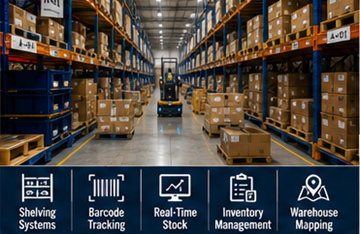 Großes Fulfillment-Center mit E-Commerce-Beständen auf Lagerregalen