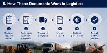 Logistik-Workflow mit Angebot, Rechnung, Quittung und Zahlungsprozess auf einer Transportplattform