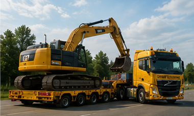 Tieflader-Auflieger beim Transport von Baumaschinen und übergroßer Ladung