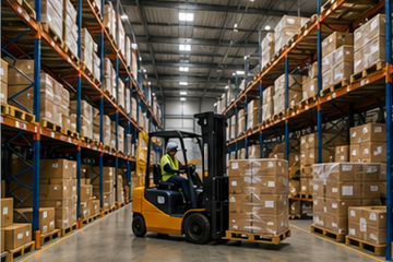 Großes Logistiklager mit Regalsystemen, Gabelstaplern und Paletten