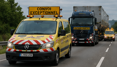 Begleitfahrzeuge eskortieren einen Sondertransportkonvoi auf einer europäischen Autobahn