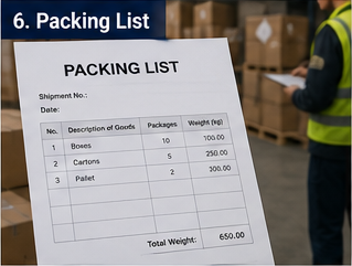 Lagermitarbeiter prüft Packliste mit Paletten und Sendungsbestand