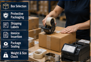 Lagermitarbeitende verpacken Online-Bestellungen mit Kartons, Etiketten und Schutzmaterial