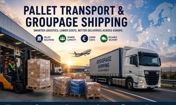 Europäischer Palettentransport und Stückgutversand mit Logistik-Lkw, Lagerhallen, Paletten und Frachtprozessen