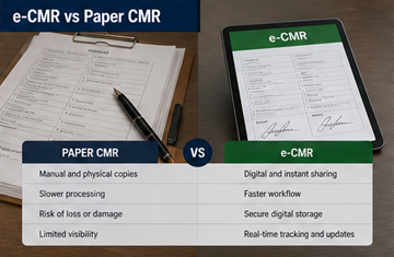 Vergleich zwischen Papier-CMR und digitalem e-CMR auf einem Tablet – zeigt die moderne Transformation der Logistik