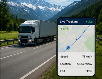 Lkw mit GPS-Routen-Tracking-System auf europäischer Autobahn während eines Transportauftrags