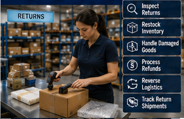 Lager bearbeitet retournierte Produkte im Fulfillment-Logistikzentrum