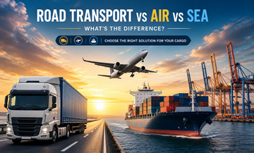 Vergleich von Straßentransport (Lkw), Luftfracht (Frachtflugzeuge) und Seefracht (Containerschiffe) in der globalen Logistik