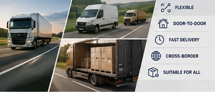 Europäischer Straßengüterverkehr mit Logistik-Lkw auf Autobahnen und Lieferstrecken