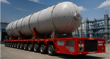 Selbstfahrender Modultransporter bewegt eine übergroße Industriekonstruktion