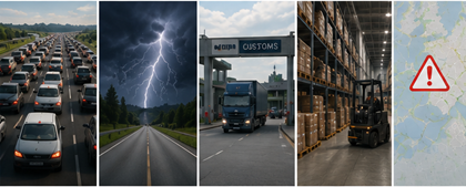 Logistische Herausforderungen im Transport, darunter Verzögerungen, Verkehr, Wetter und Probleme bei der Sendungsverfolgung