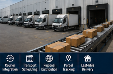 Zustellfahrzeuge werden am Fulfillment-Lager mit Sendungen beladen