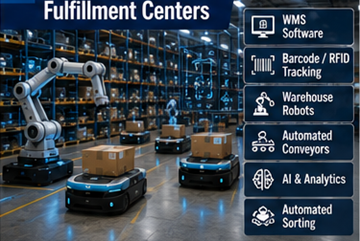 Automatisiertes Fulfillment-Center mit Robotik, Lager-Software und KI-Logistiksystemen