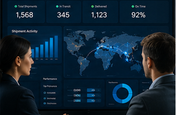 Supply-Chain-Manager überwachen Transport-Tracking-Analysen und Logistik-Dashboards