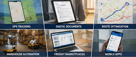 Moderne Gütertransport-Technologie mit GPS-Tracking, Logistiksoftware und digitalen Zustellsystemen