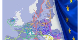 Transeuropäisches Verkehrsnetz (TEN-V) auf der Karte und der Flagge Europas
