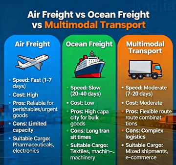 Vergleich von Straßen-, Luft- und Seetransport mit Lkw, Flugzeug und Schiff – Unterschiede in der Logistik