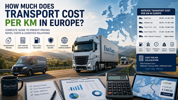 Kosten pro Kilometer im europäischen Gütertransport mit Logistik-Lkw, Autobahnen, Kraftstoffpreisen und Lieferkalkulation