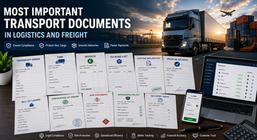 Sammlung wichtiger Transportdokumente, darunter CMR, Rechnung, Zollpapiere und digitales Logistik-Tracking in Europa