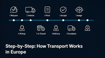 Logistikprozess Schritt für Schritt Transport-Workflow Abholung Zustellung Tracking Fahrerroutenplanung Europa