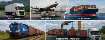 Transportarten: Lkw, Frachtflugzeuge, Containerschiffe und Schienengüterverkehr in der Logistik