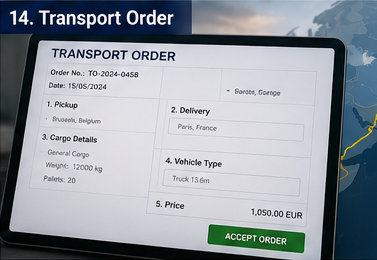 Digitaler Transportauftrag mit Sendungsdetails, Route und Fahrzeugzuweisung in einer Logistikplattform