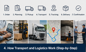 Schritt-für-Schritt-Transportprozess von Abholung bis Zustellung – Logistik-Workflow