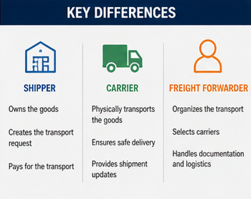 Diagramm zum Vergleich der Rollen von Versender, Frachtführer und Spediteur in der Logistikkette