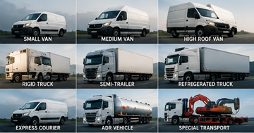 Verschiedene Fahrzeuge für den Gütertransport in Europa, darunter Transporter, Lkw und Sattelauflieger