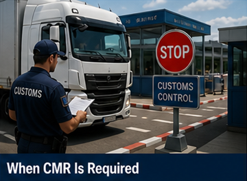 Lkw an einer europäischen Grenze, der Fahrer legt Transportdokumente einschließlich CMR vor