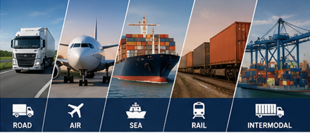 Verschiedene Gütertransportarten einschließlich Lkw, Flugzeug, Frachtschiff und Güterzug