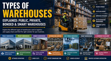 Verschiedene Lagerarten in der modernen Logistik, darunter öffentliche, private, Zolllager und Smart Warehouses