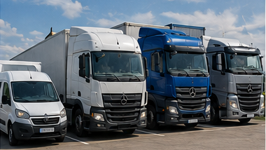 Transportfahrzeuge für Palettenversand, darunter Kastenwagen, Lkw, Planenauflieger und Logistikflottenbetrieb