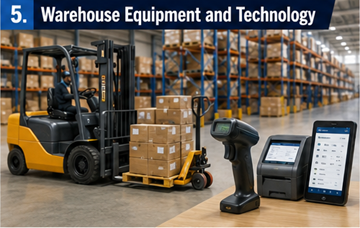 Lagerequipment mit Gabelstaplern, Palettenregalen, Barcodescannern und Logistiktechnologie